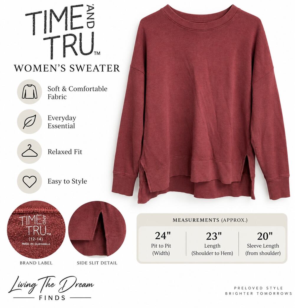 Time and Tru Women’s Burgundy Relaxed Fit Crewneck Sweatshirt | L (12-14)